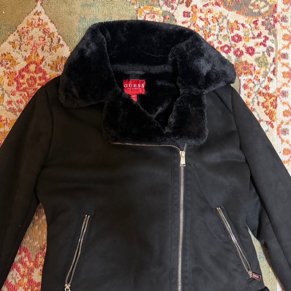 Guess Women's Black Leather Jacket with Faux Fur Collar